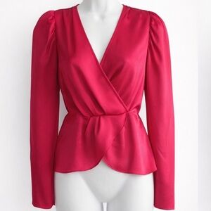 💖Fuchsia Pink Satin Wrap Blouse | Puff Sleeve | Dressy Chic Top | Size XS